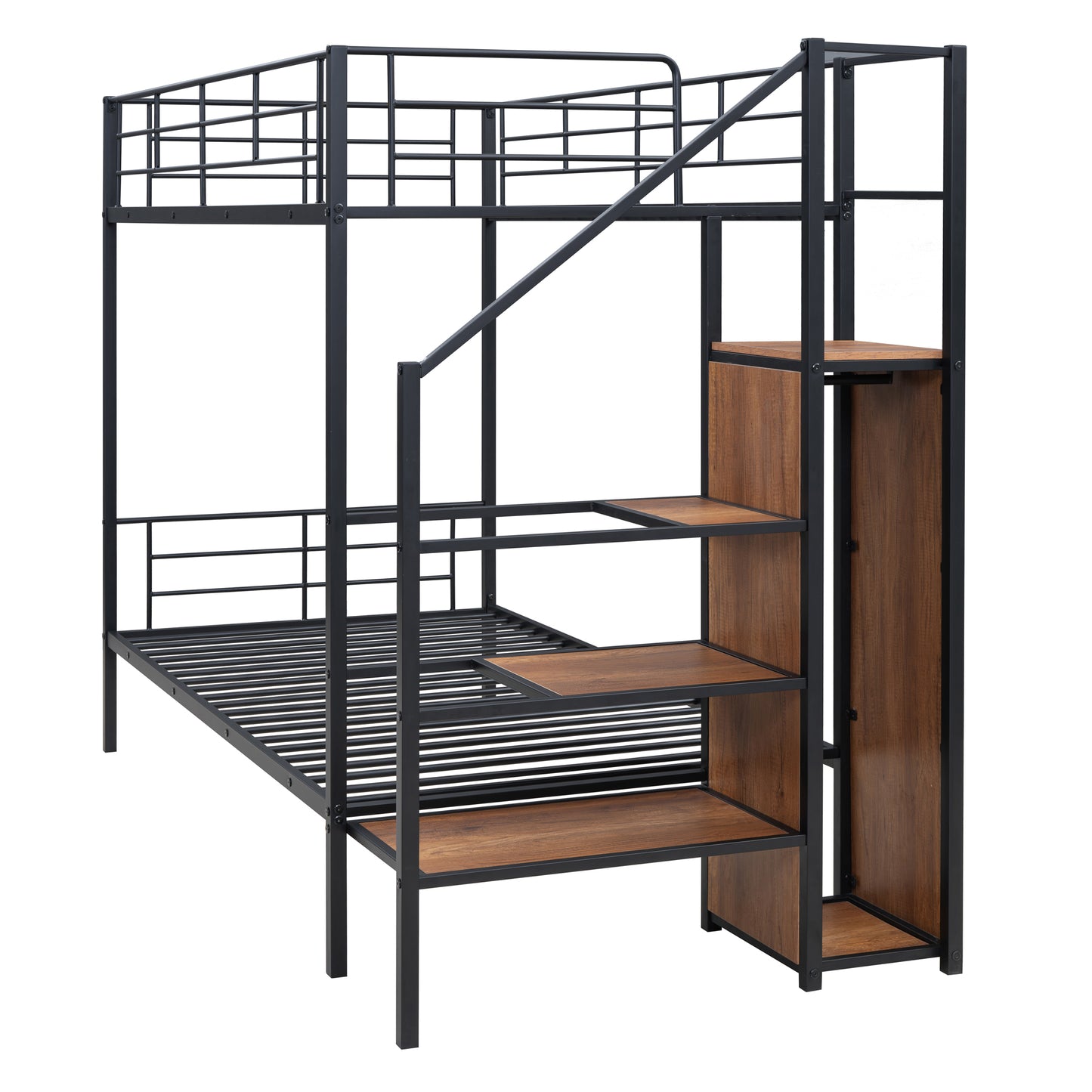 Black metal bunk bed with wooden shelves and a ladder