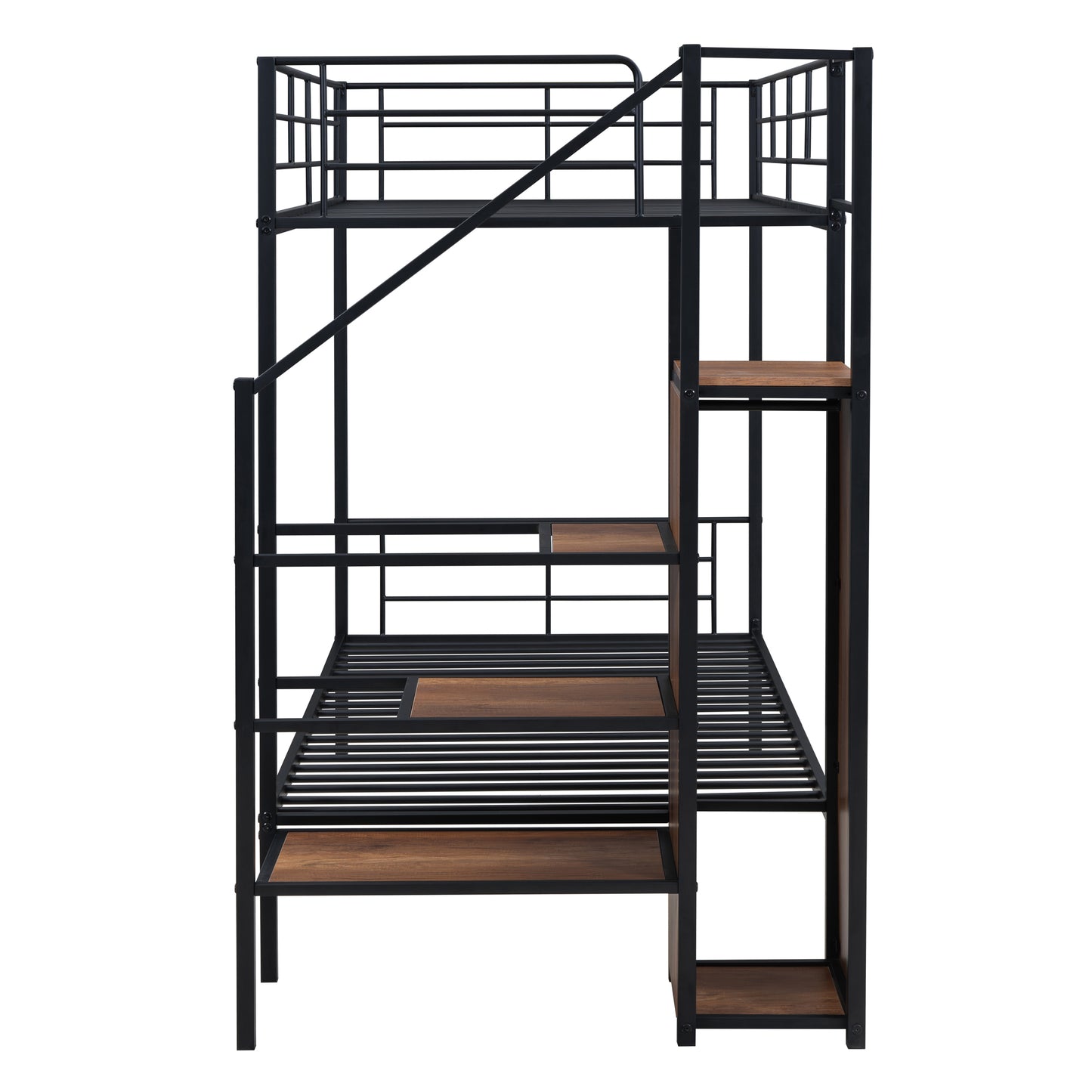 Black metal bunk bed with wood accents and a staircase
