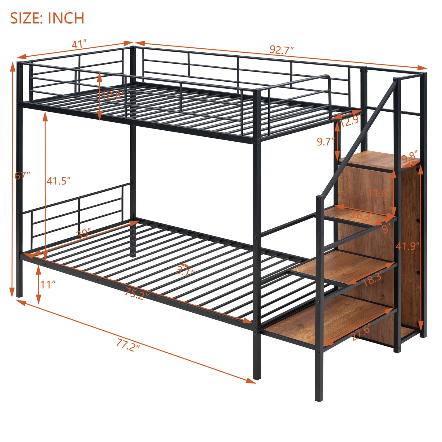 Black metal twin over twin bunk bed with woodlook stairs and storage