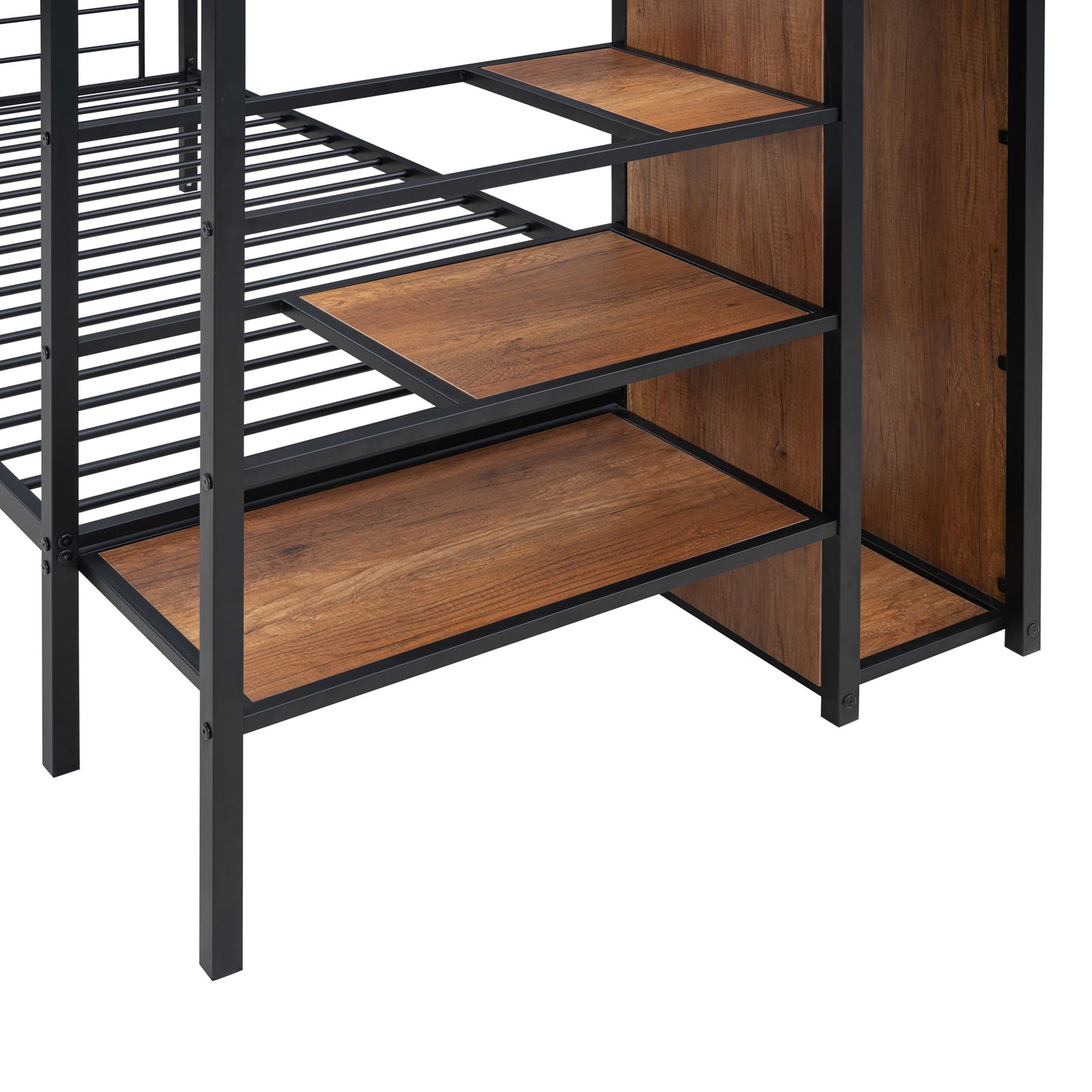 Industrial metal frame bunk bed with wooden shelves