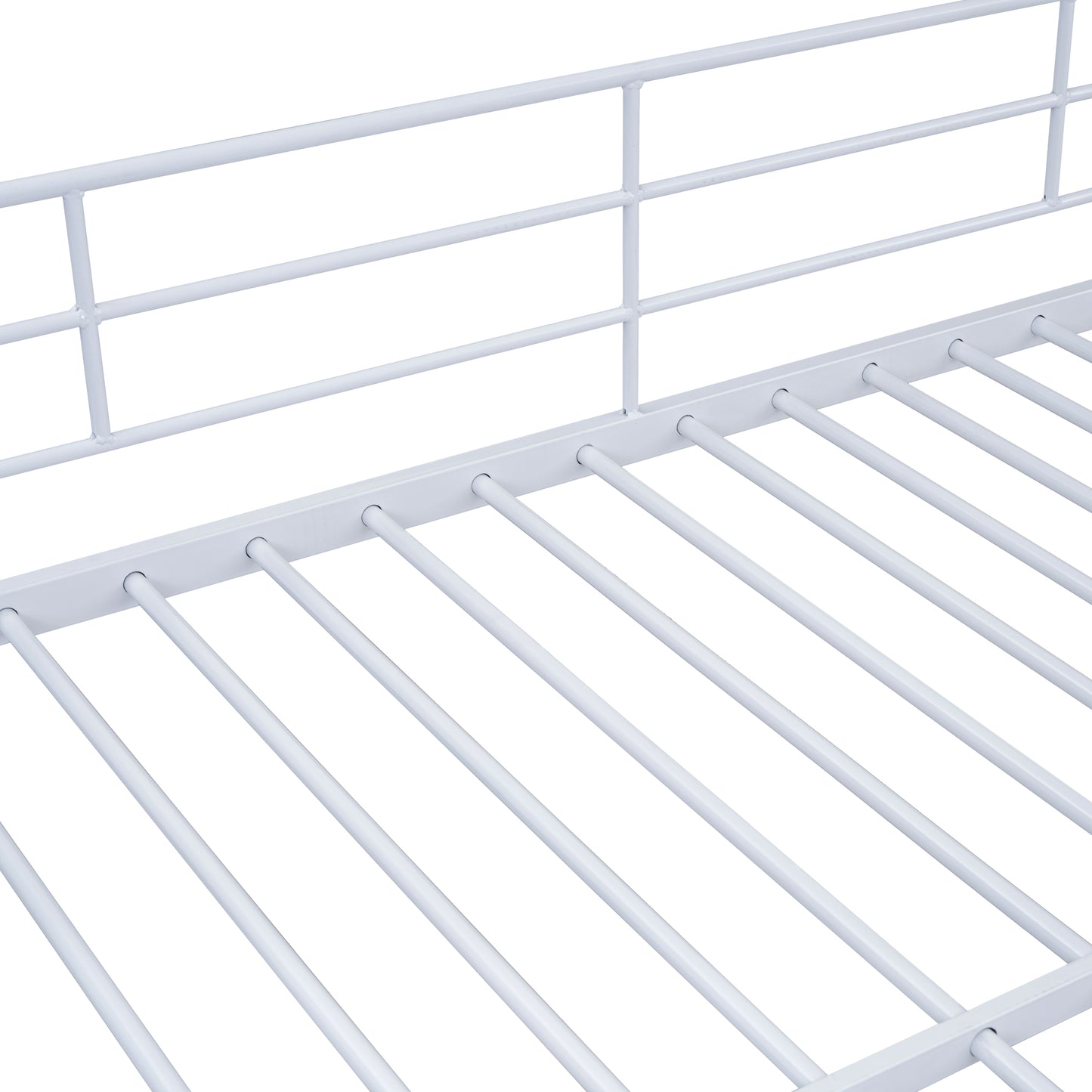 White metal bed frame showing horizontal slats