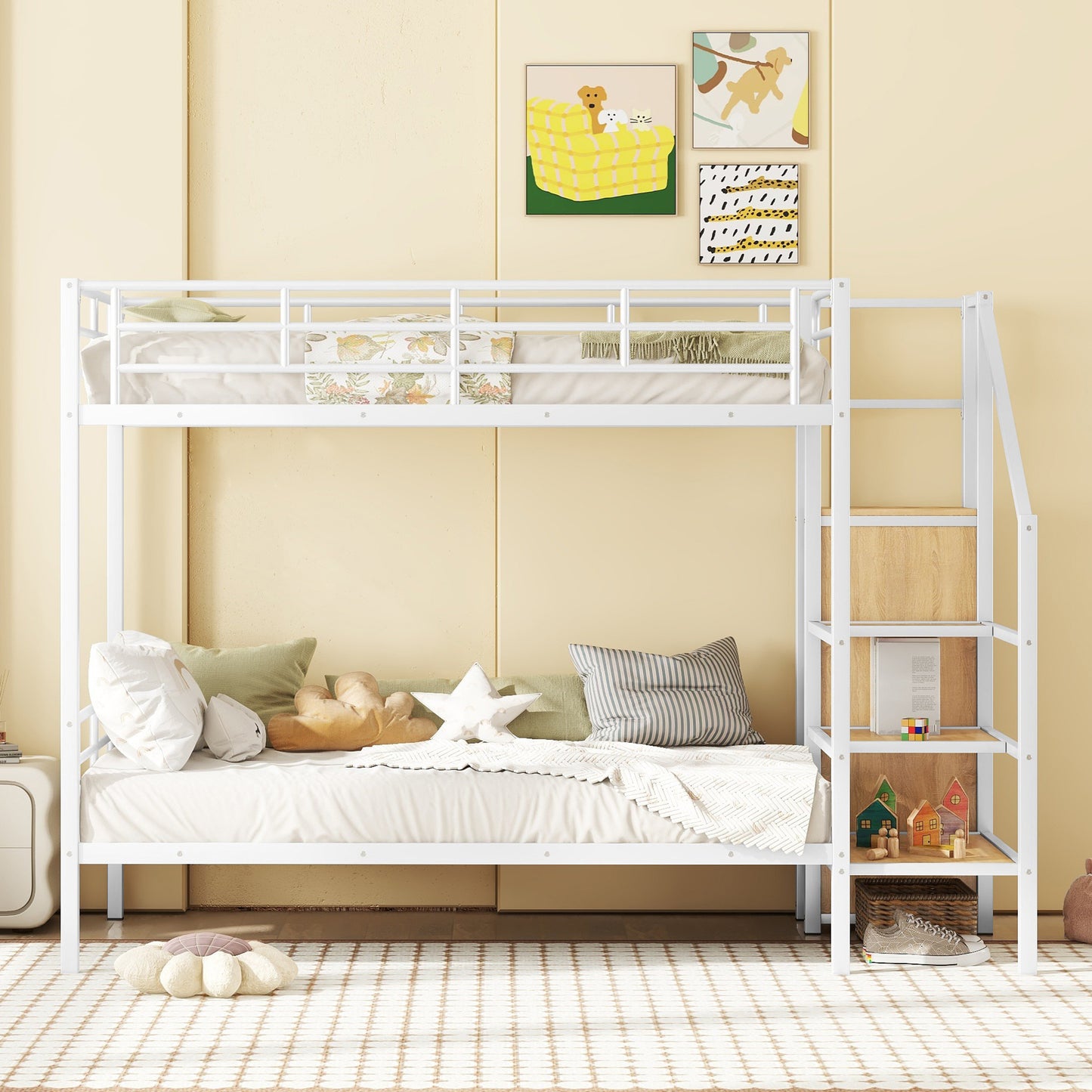 White metal twin over twin bunk bed with ladders and storage