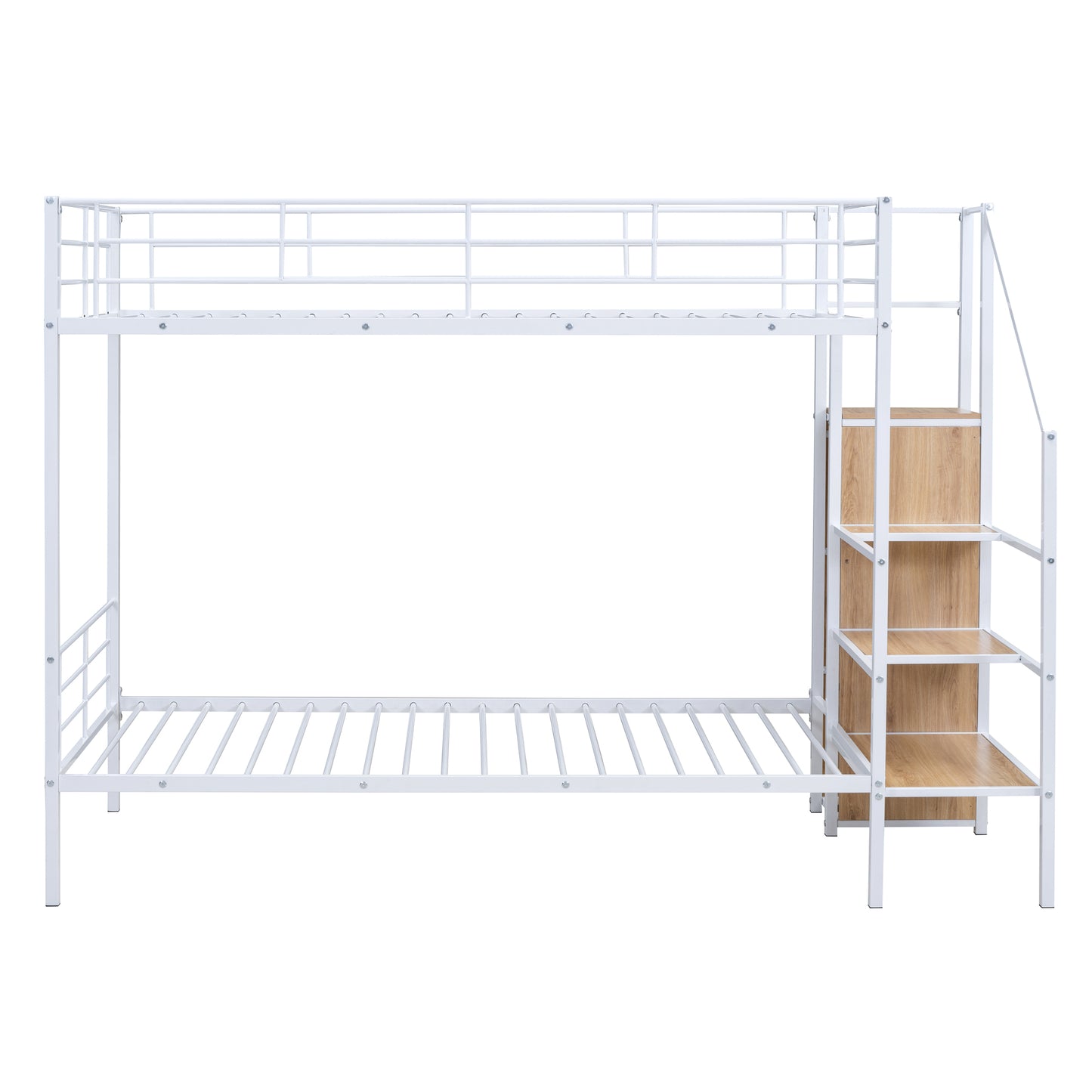 White metal bunk bed with integrated wooden storage shelves and ladder