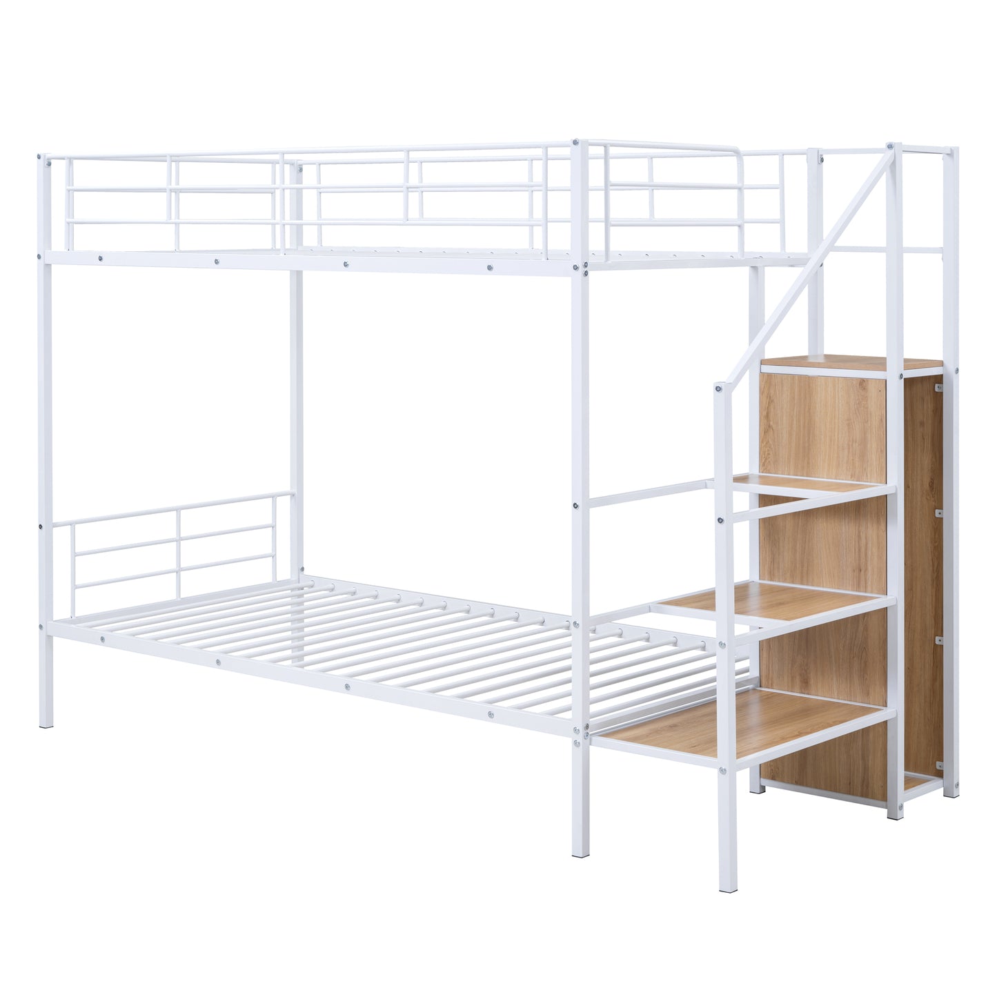 White metal bunk bed with wooden integrated stairs and storage