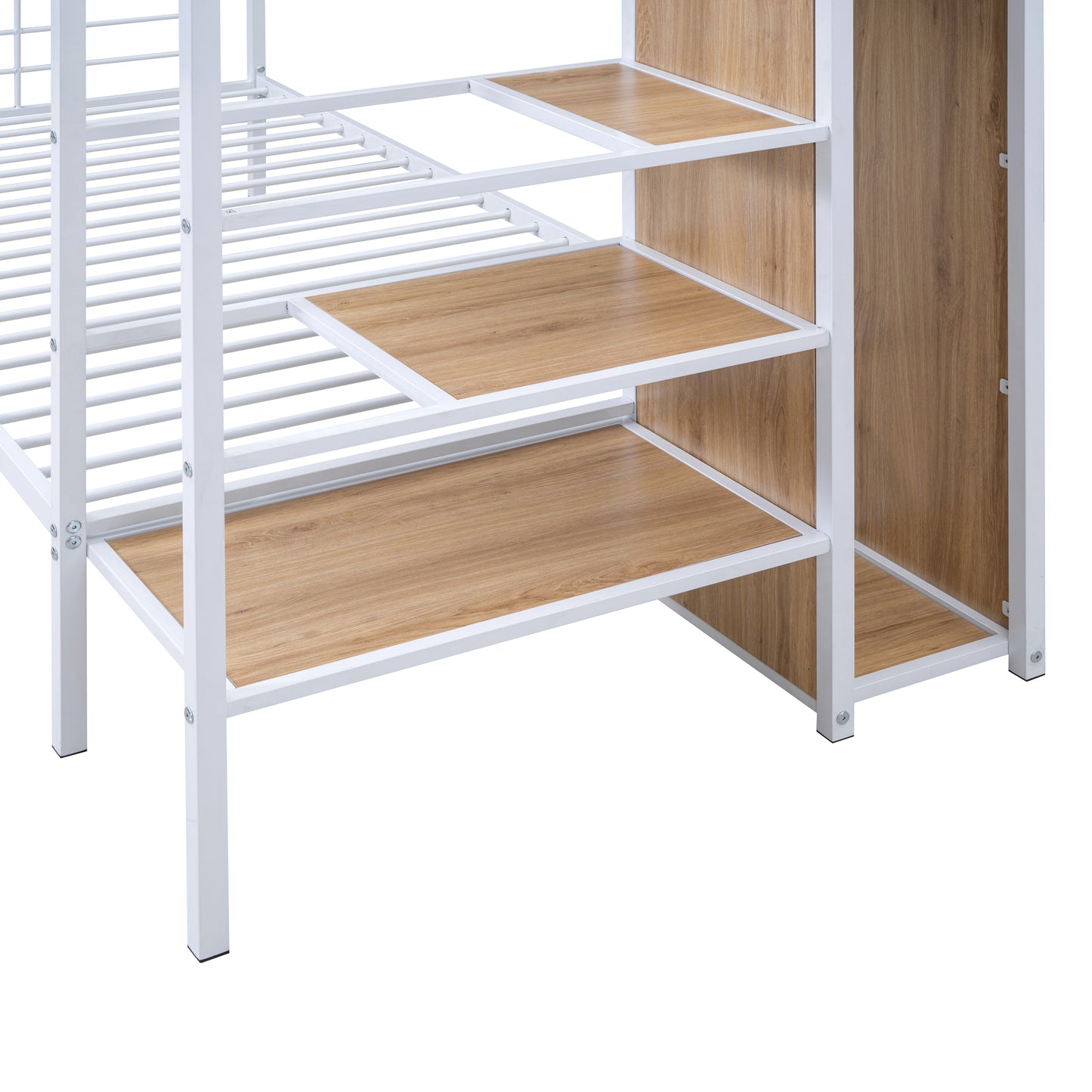 White metal bunk bed frame with three woodgrain shelves attached