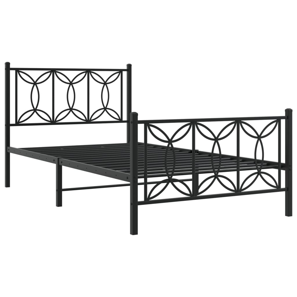 Black metal bed frame with circular pattern headboard and footboard
