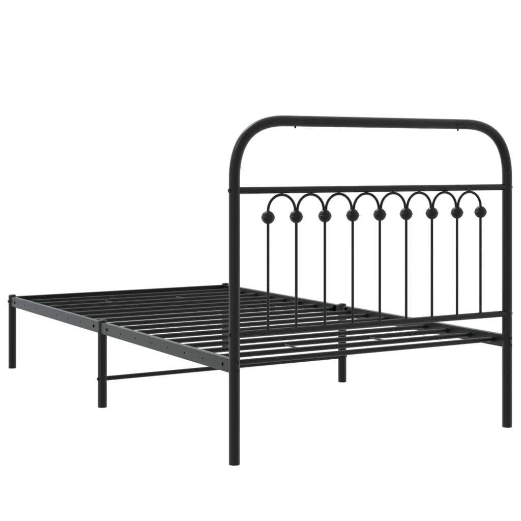 Black metal twin bed frame with arched headboard and slat support