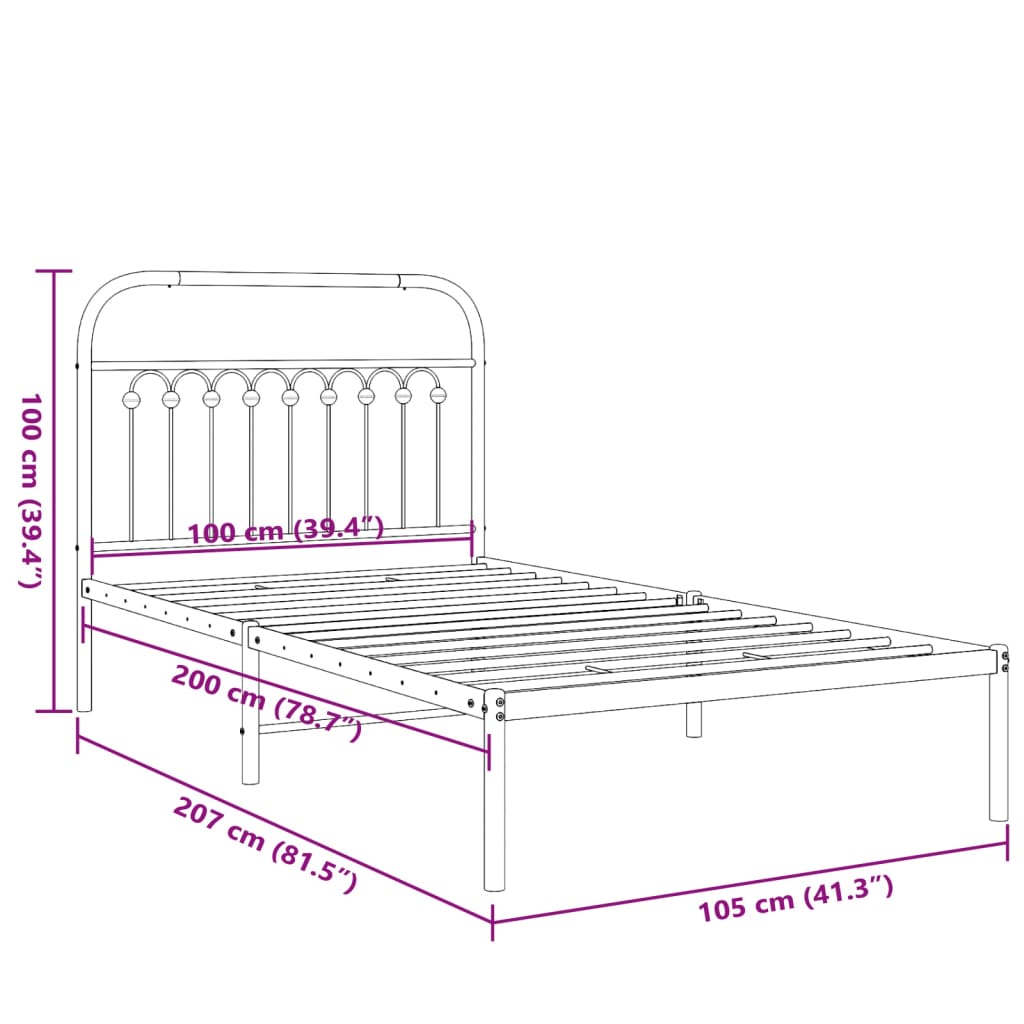 Closeup of a black metal bed frame headboard with decorative ball accents