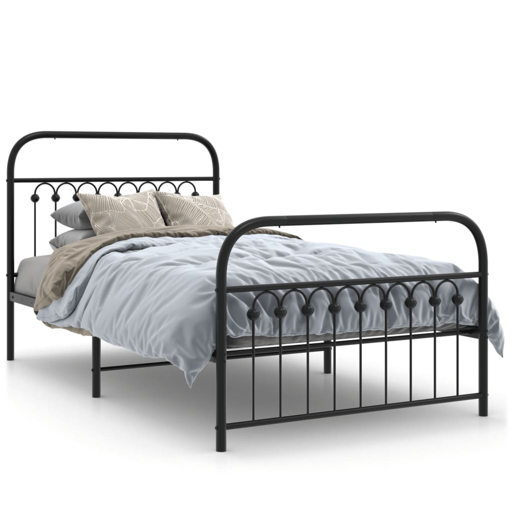White metal bed frame with decorative finials and slat support