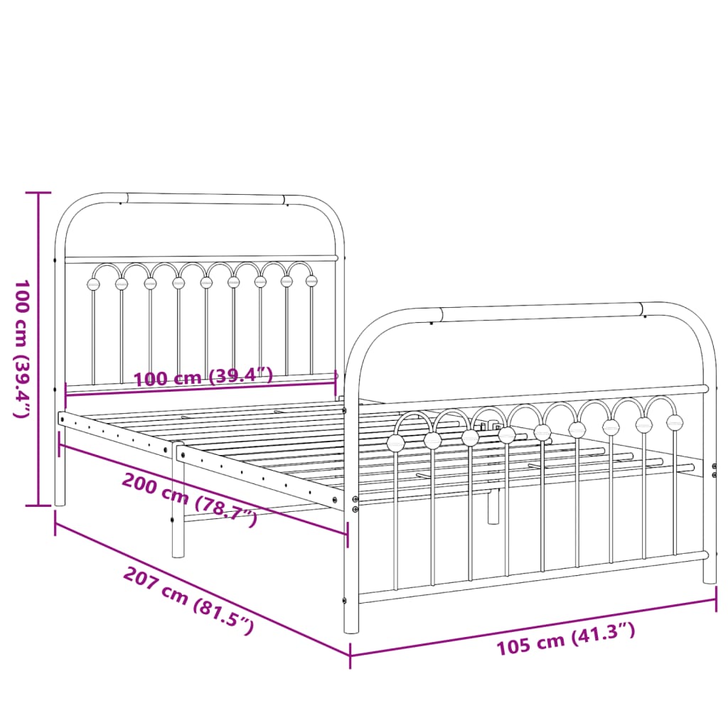 Black metal bed frame with decorative finials and curved headboard detail