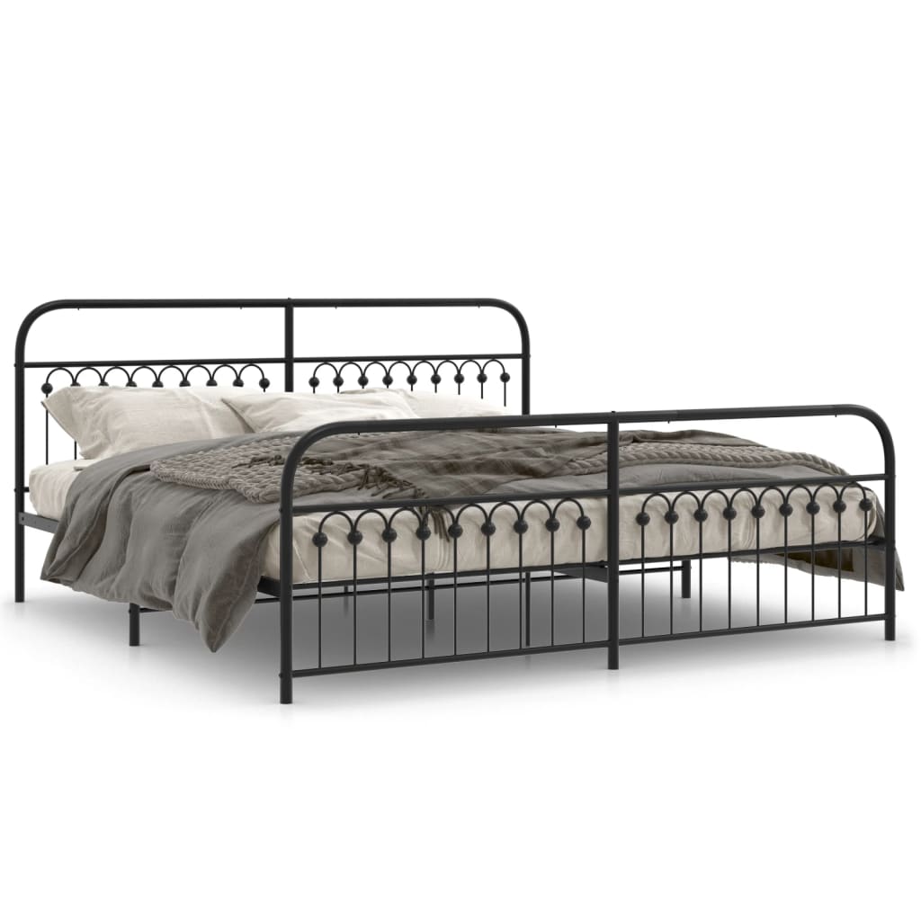 White metal bed frame with ornamental details and dimension lines