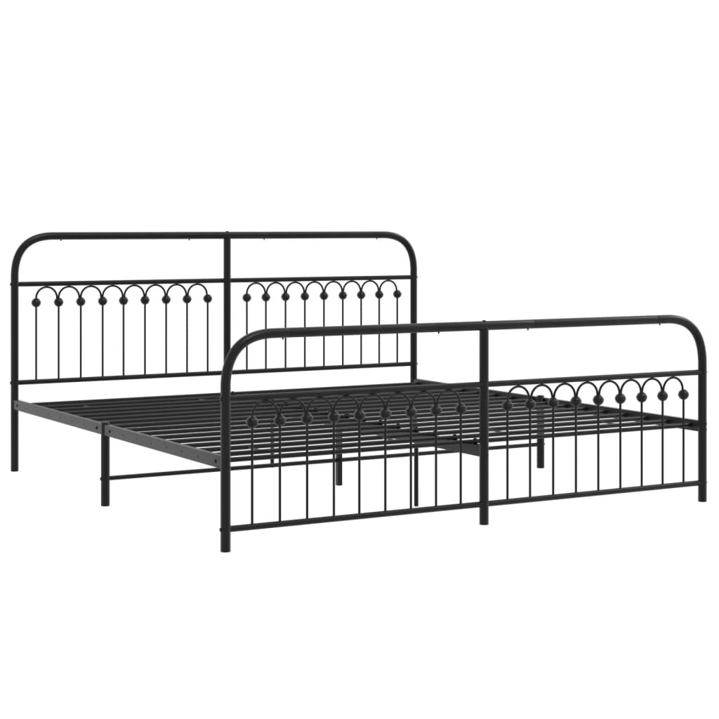 Black metal bed frame with ornate headboard and footboard