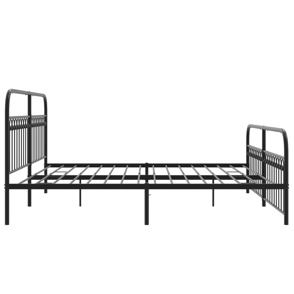 Black metal queen bed frame with ornate headboard detail