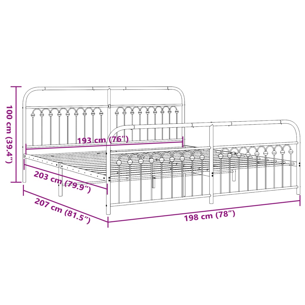Closeup of black metal bed frame with ornate ball accents