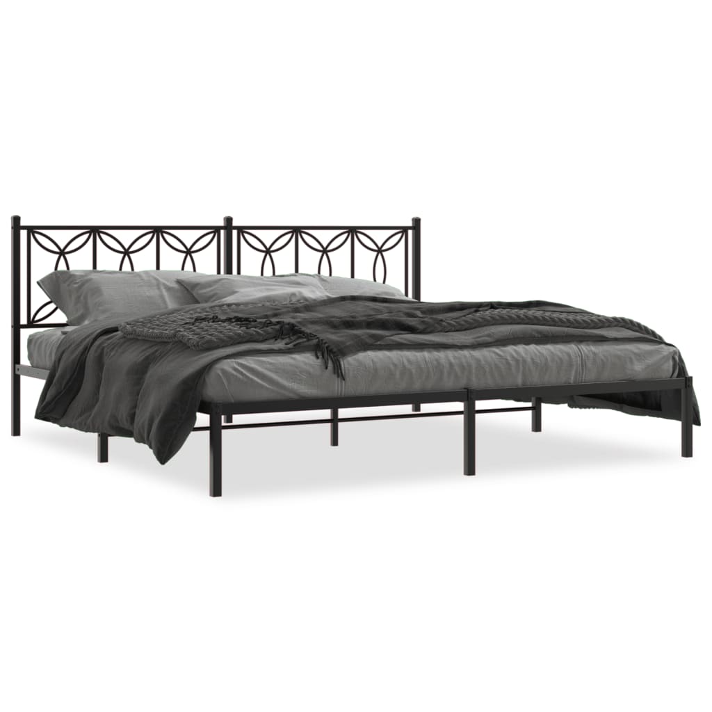 Metal platform bed frame with ornate headboard in black Queen size