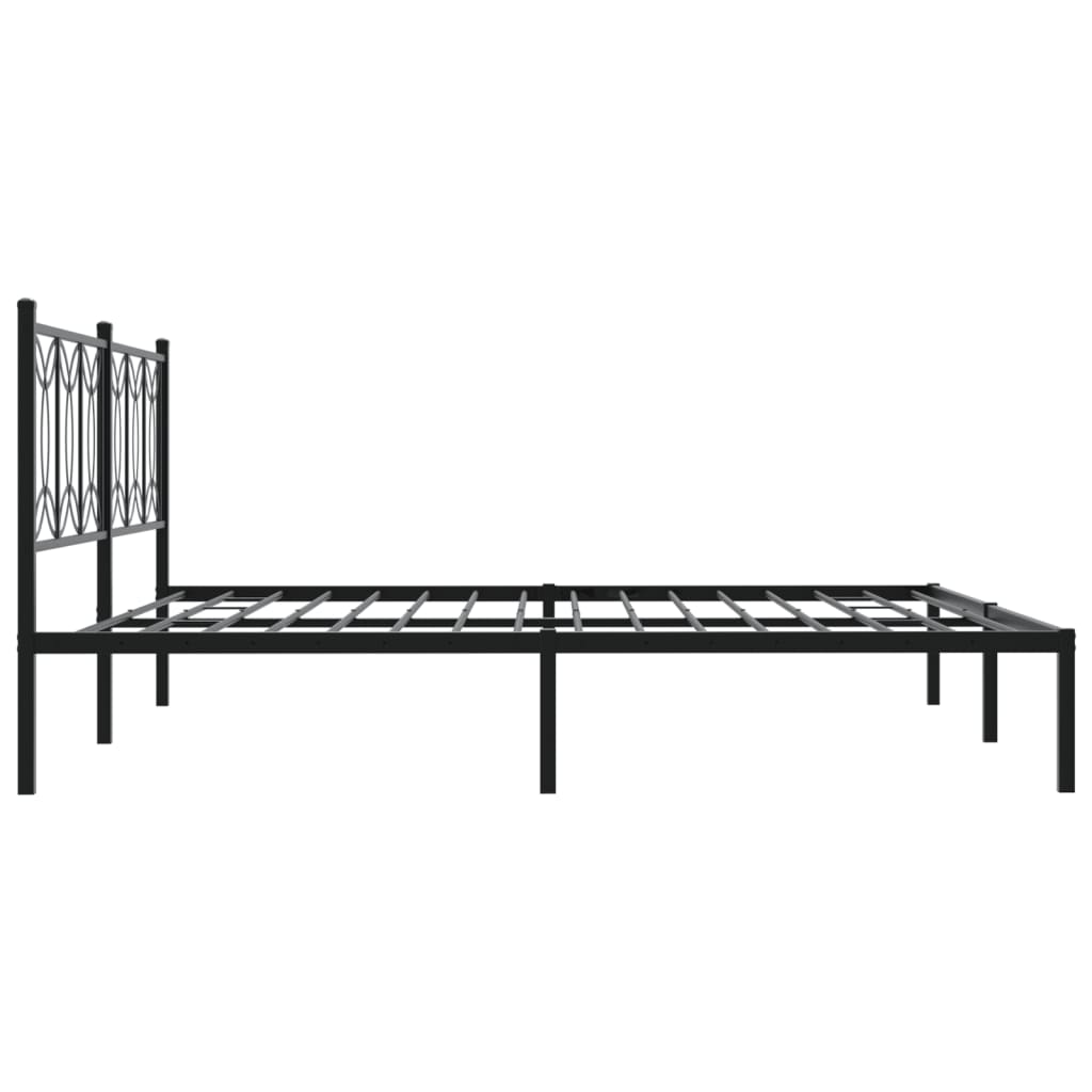 Black metal bed frame with geometric patterned headboard