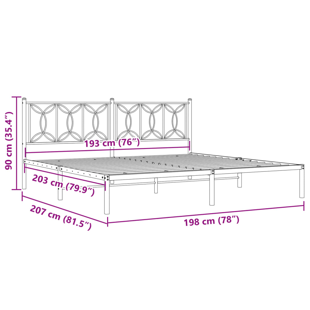 Closeup of white metal bed frame with ornate scrolling design