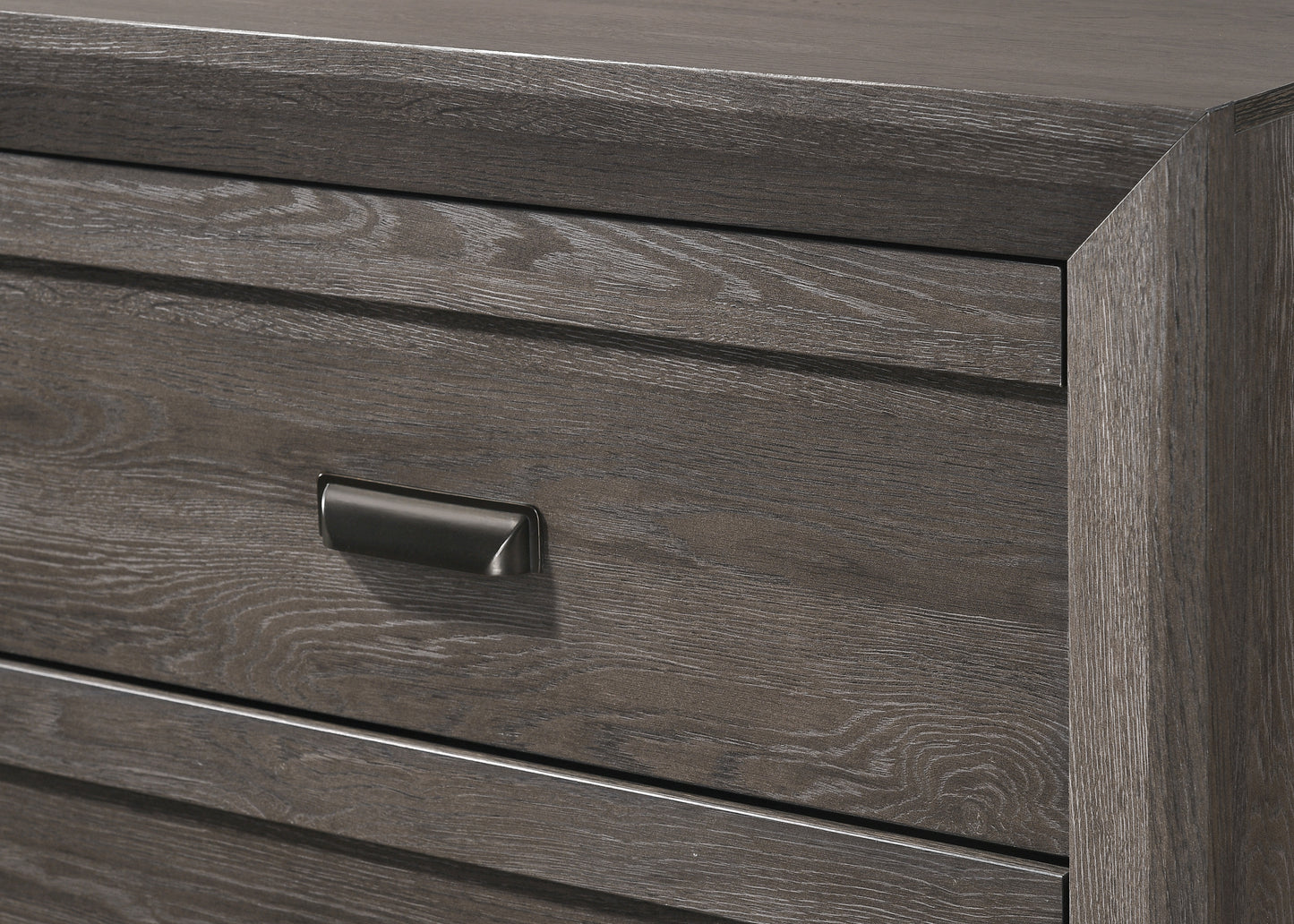 Dark grey oak dresser drawer with brushed nickel handle