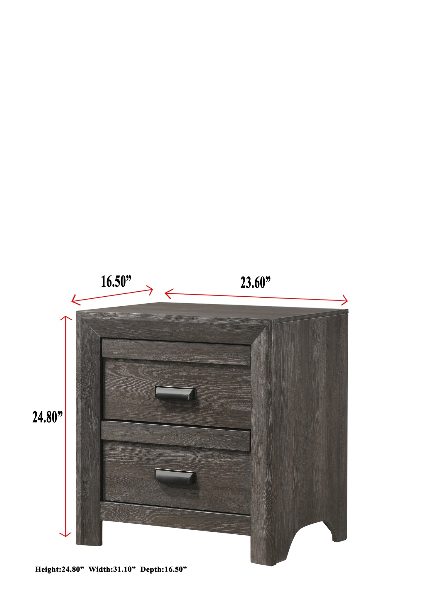 Dark gray wood veneer nightstand with two drawers and black metal handles