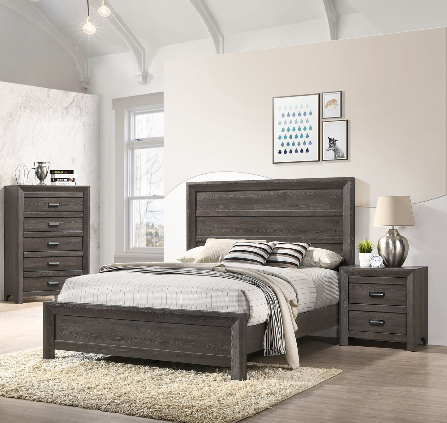 Dark gray wood king bed with plank headboard and matching dresser