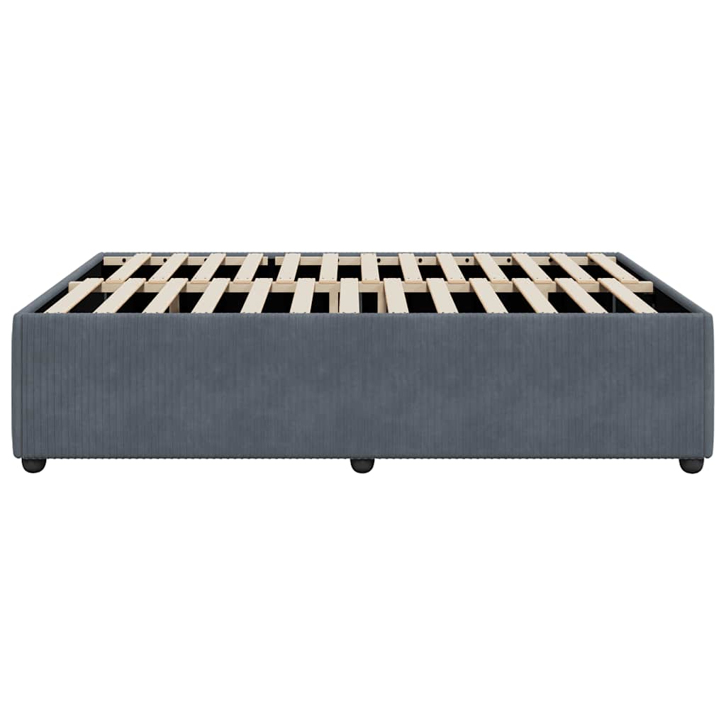 Grey upholstered divan bed base with wooden slats