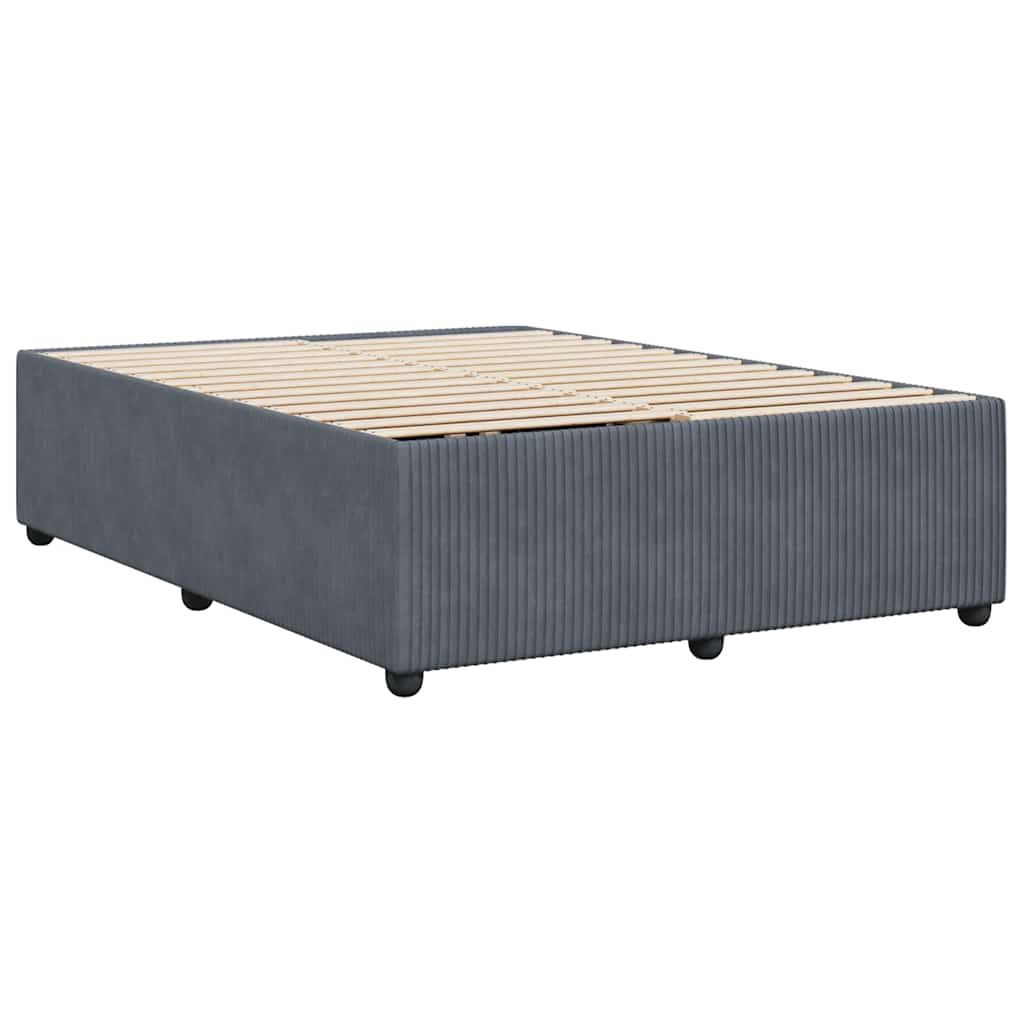 Grey upholstered divan bed base with wooden slats
