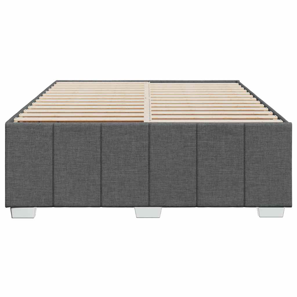 Upholstered king size bed frame in dark grey fabric with wooden slats