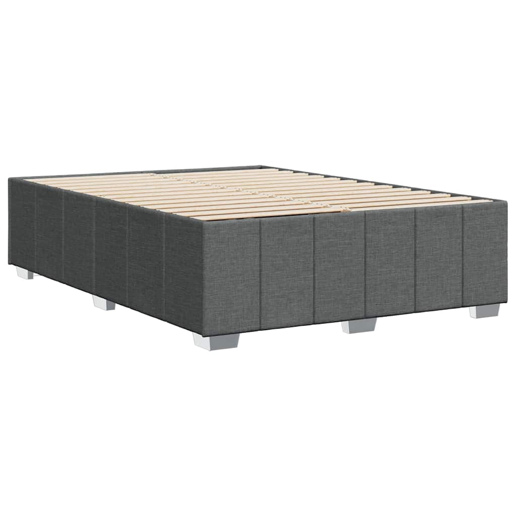 Gray upholstered twin bed frame with wooden slats