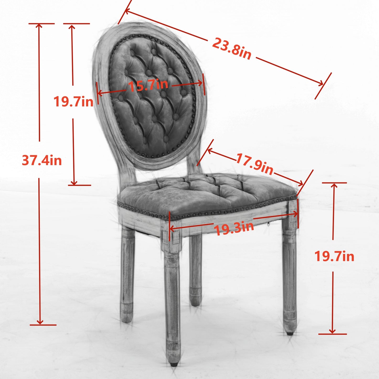 Tufted grey oval back dining chair with nailhead trim and distressed wood legs