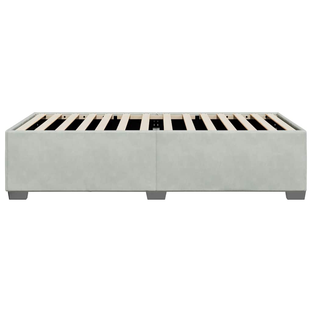 Light grey upholstered platform bed frame with wooden slats