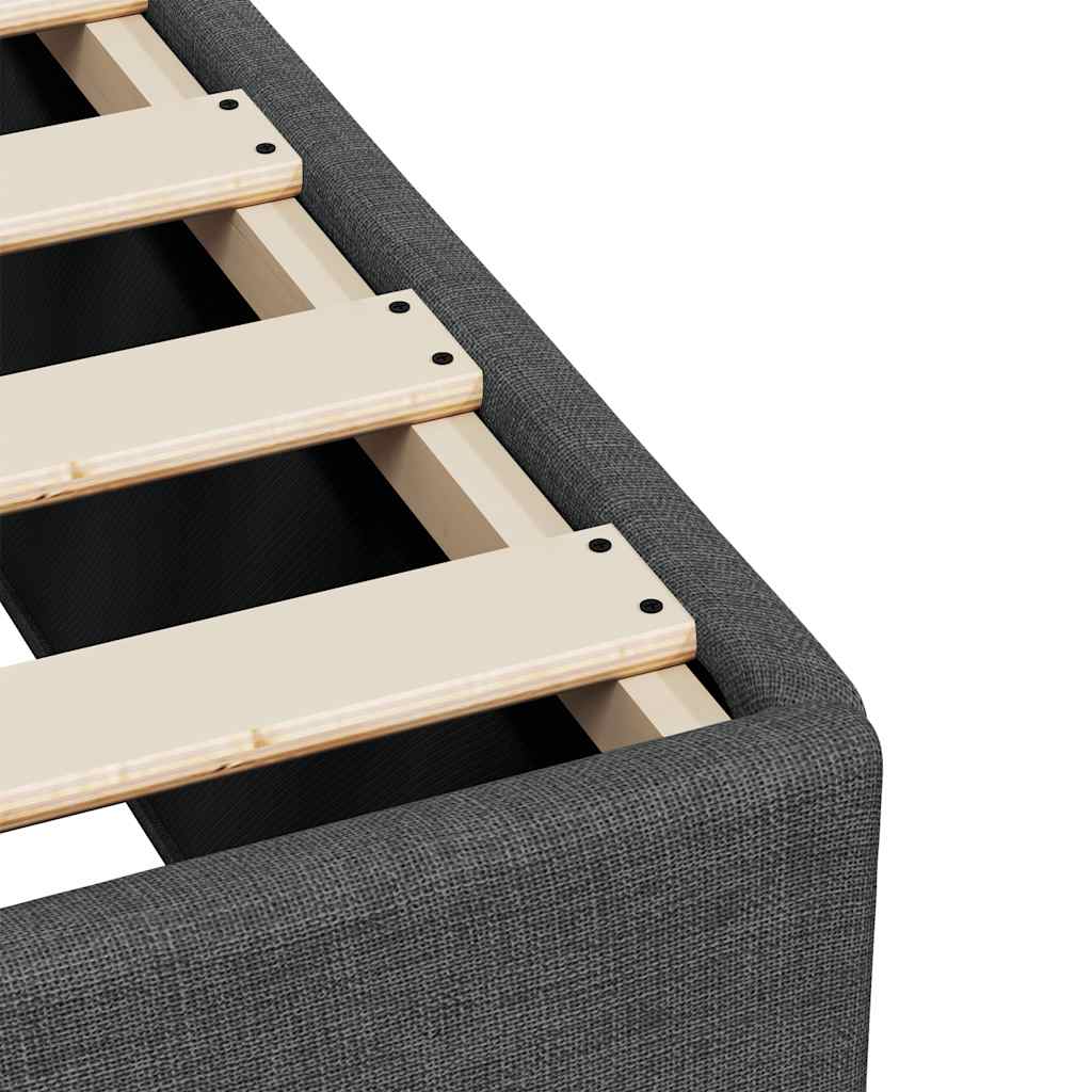 Charcoal grey fabric upholstered bed base with slatted wooden mattress support