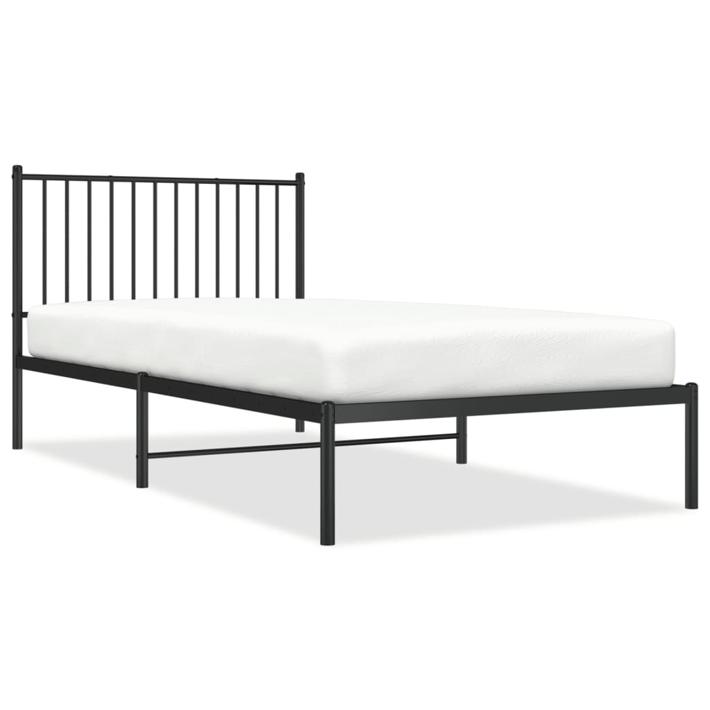 White metal twin bed frame with slatted base and tall headboard showing dimensions