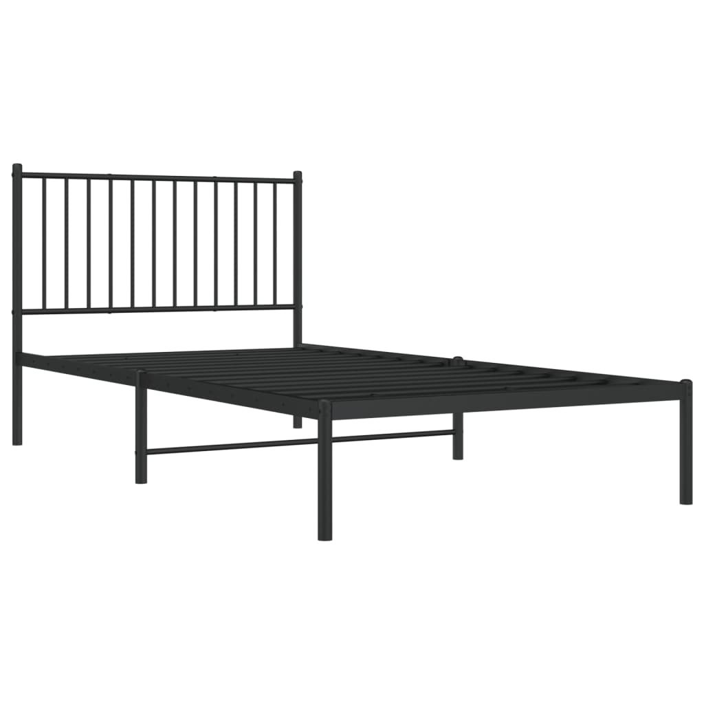 Black metal platform bed frame with a slatted headboard and white mattress