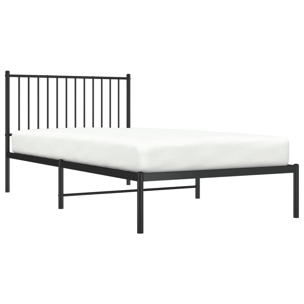 Black metal twin bed frame with a slatted headboard and mattress