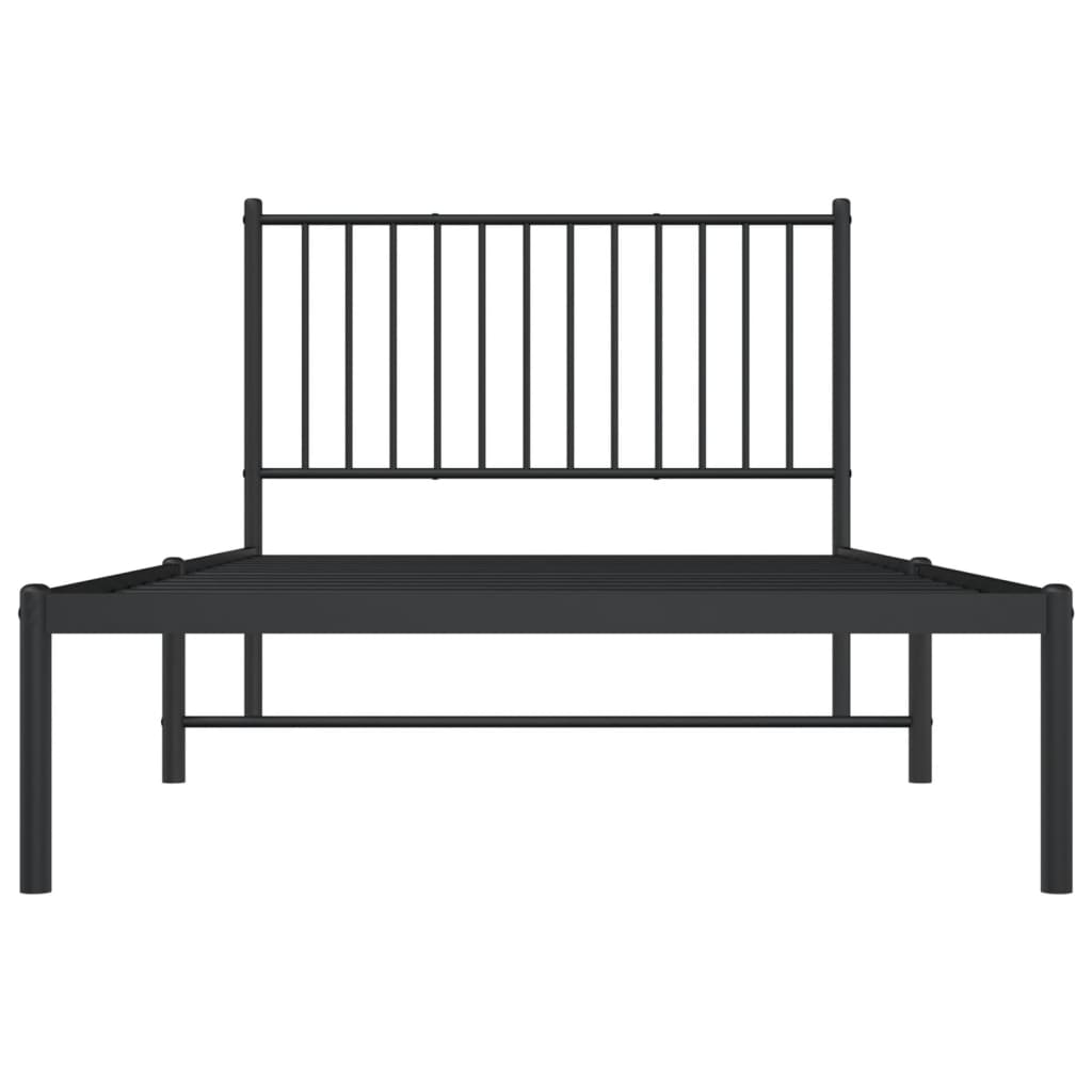 Black metal bed frame with slatted base and vertical bar headboard