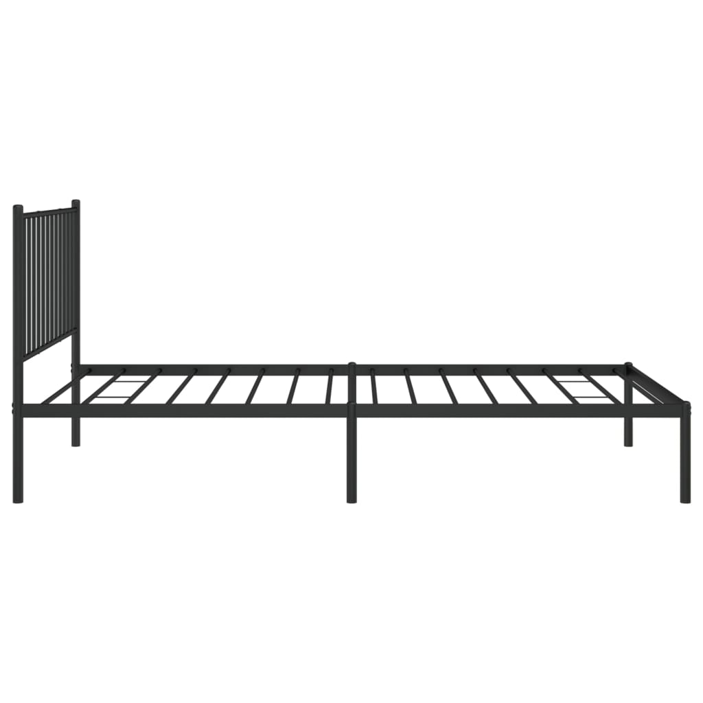 Black metal twin bed frame with slatted headboard and mattress
