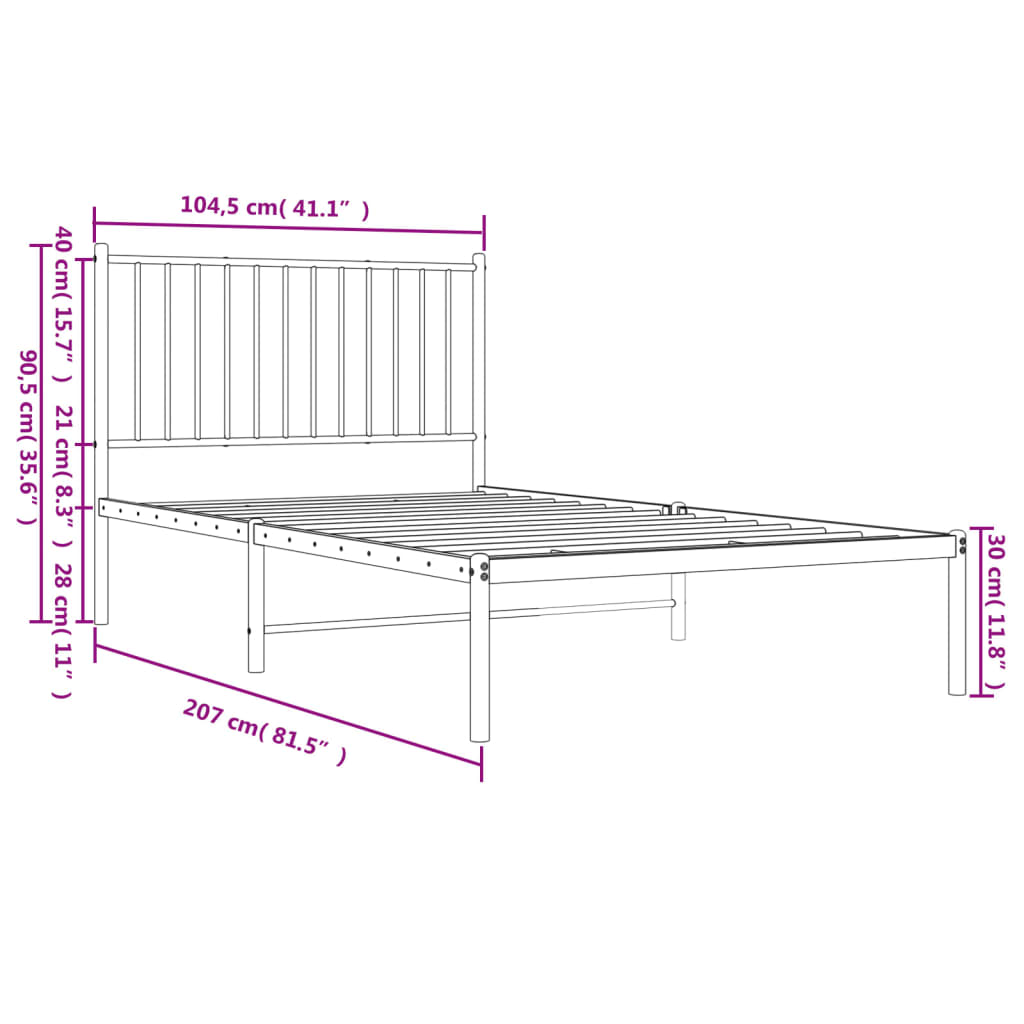 Black metal twin bed frame with slatted headboard and platform base
