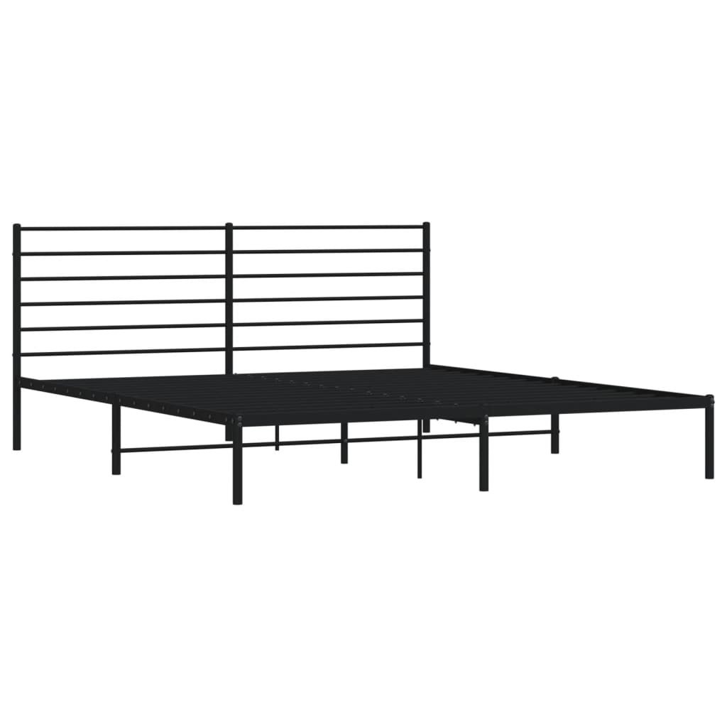 Black metal platform bed frame with horizontal slats on the headboard