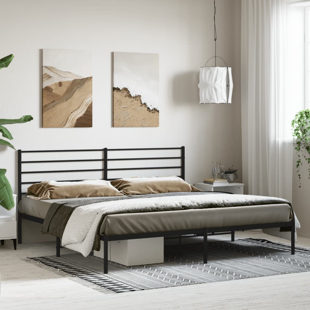 Modern grey metal bed frame with a minimalist horizontal slat headboard and houndstooth bedding