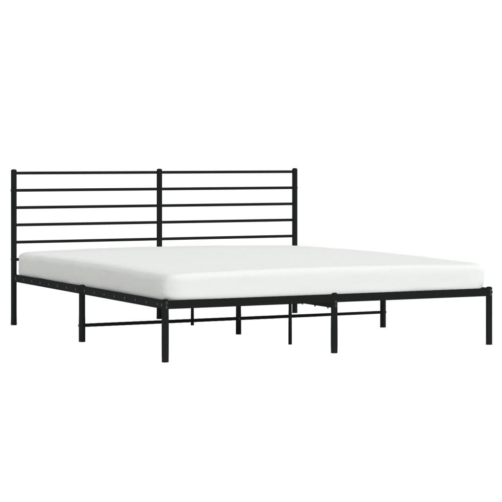 Black metal platform bed frame with horizontal headboard slats