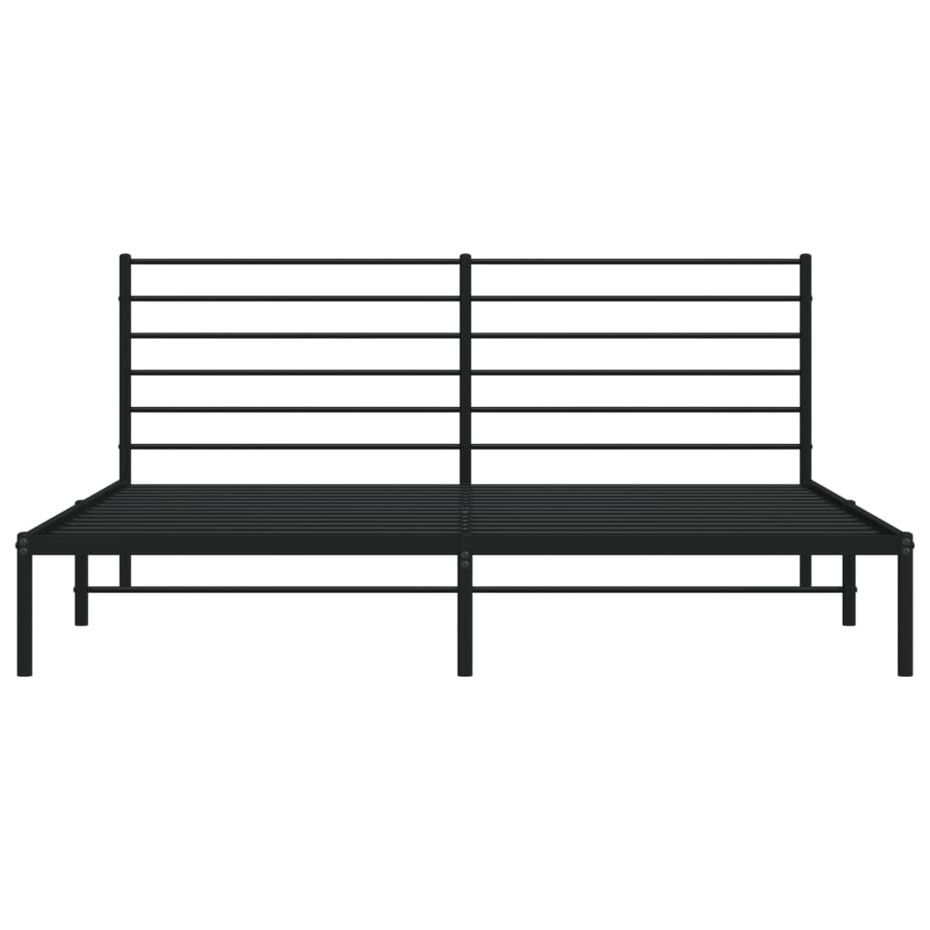 Minimalist black metal bed frame with horizontal slats on the headboard and a white mattress