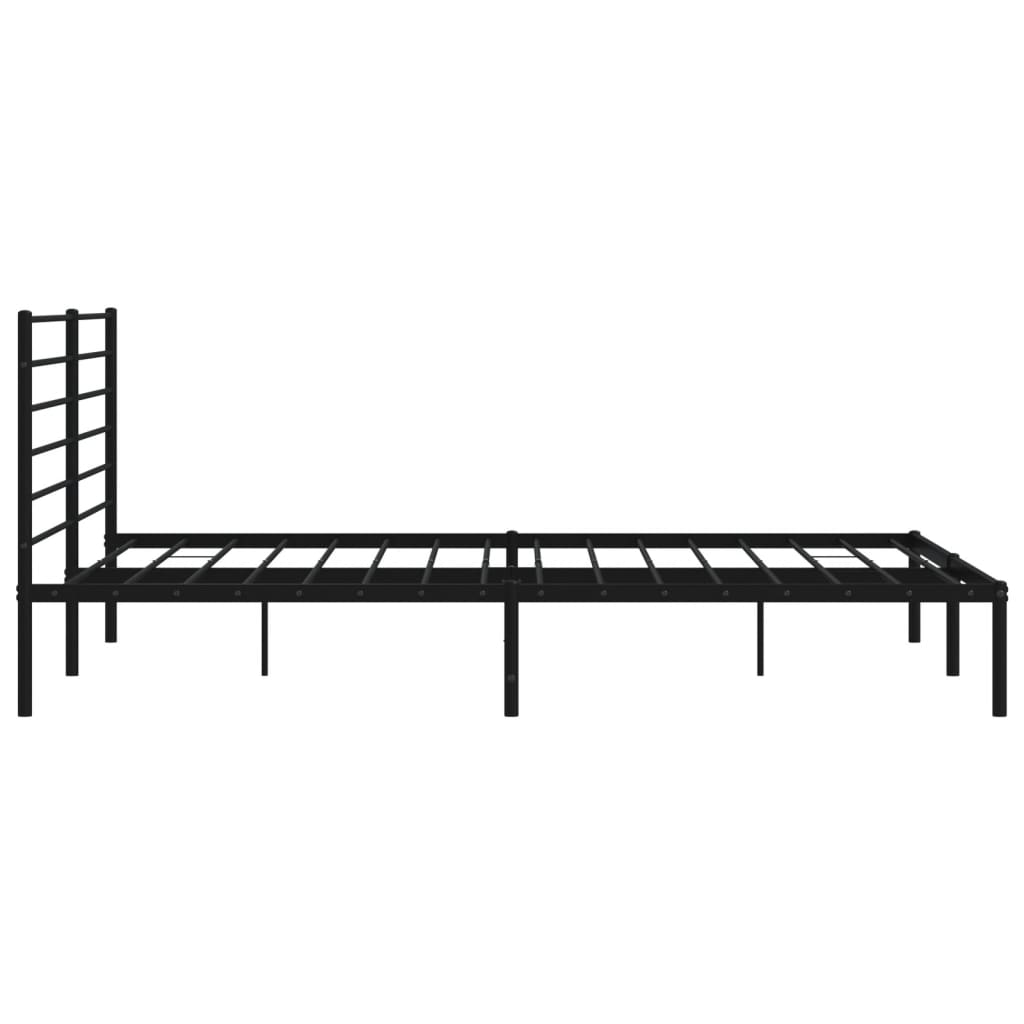 Black metal platform bed frame with horizontal slats and headboard