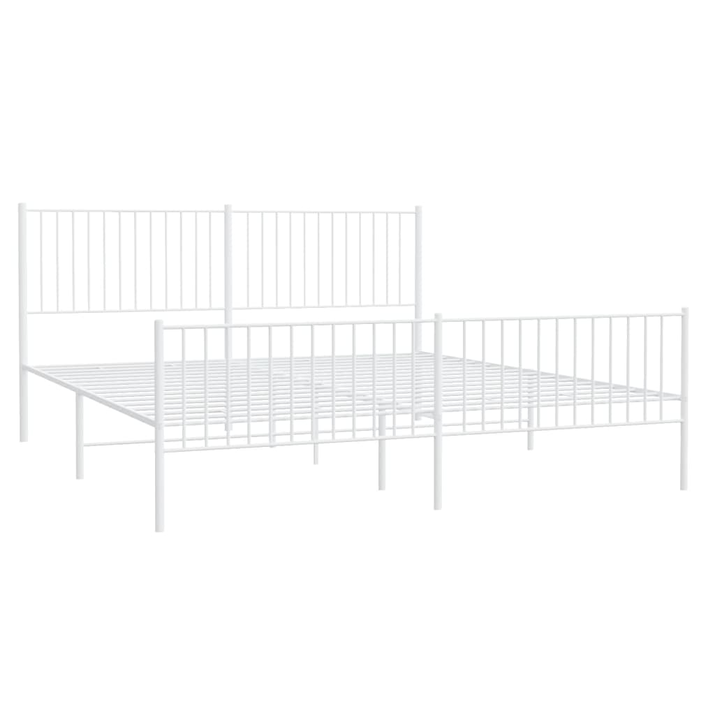 Modern white metal bed frame with minimalist vertical slats on headboard and footboard