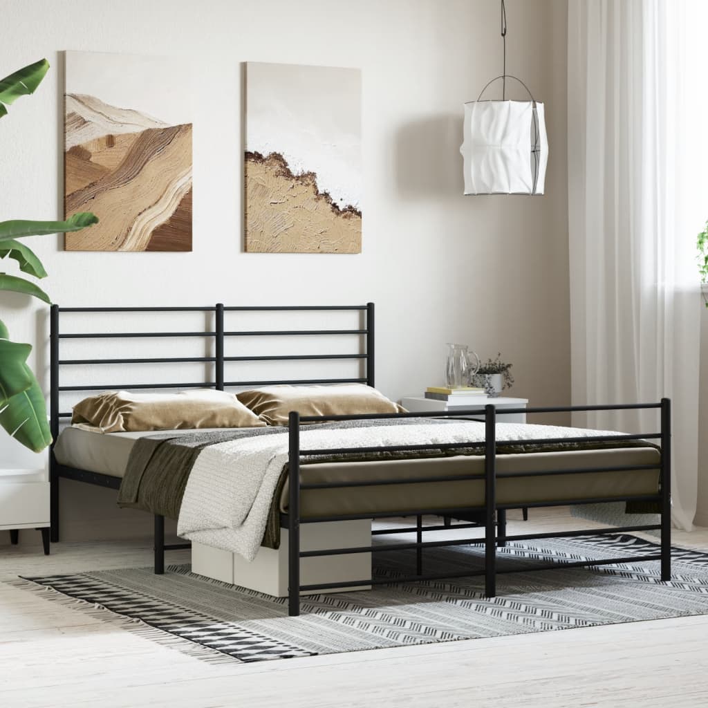 Dark grey metal queen bed frame with horizontal slats on headboard