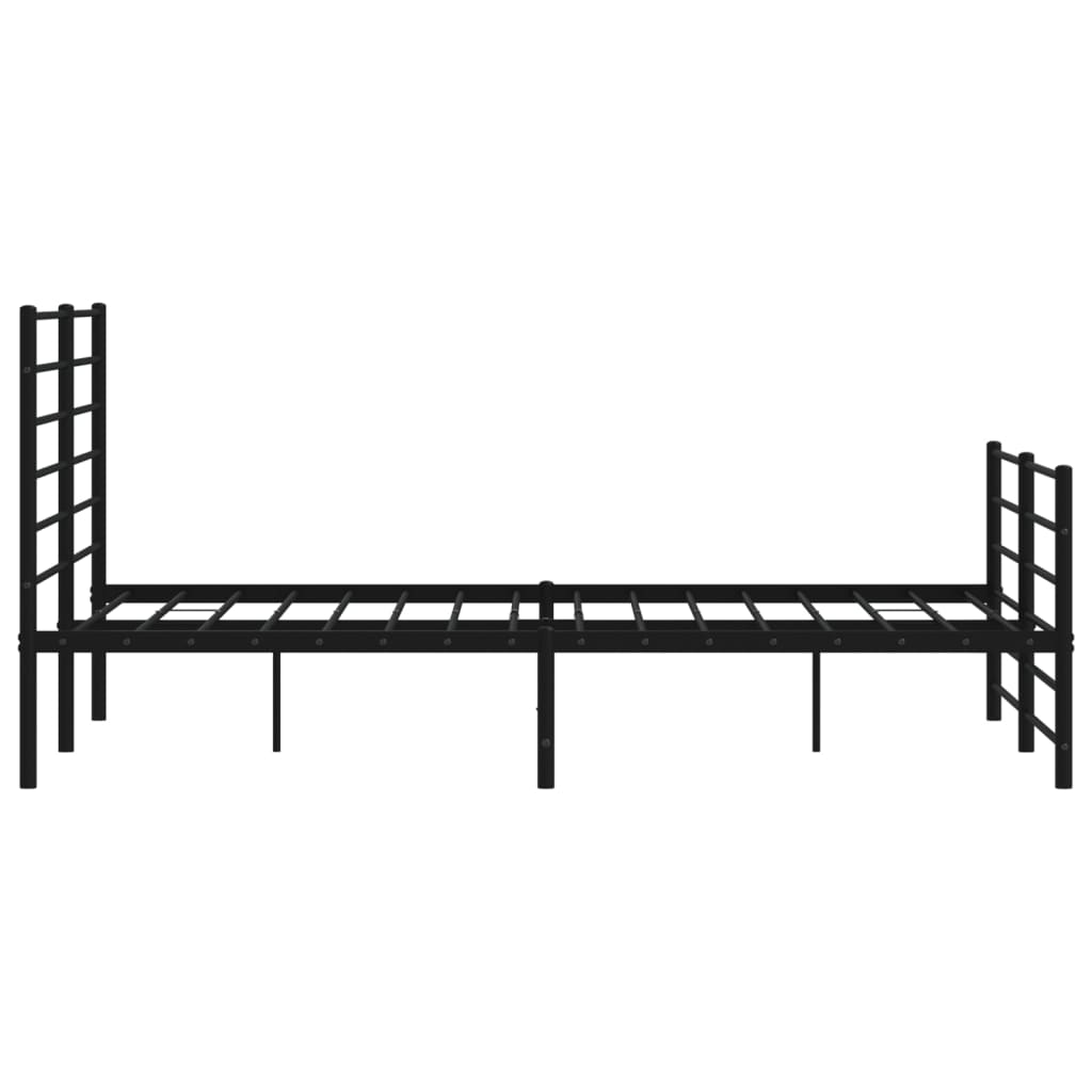 Black metal twin bed frame with a slatted headboard and footboard