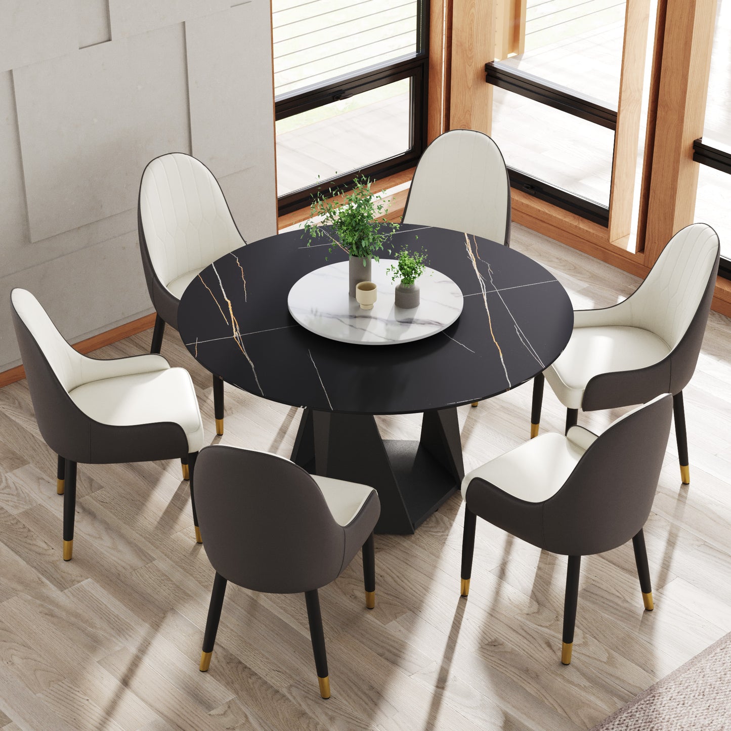 Black marble dining table with six chairs
