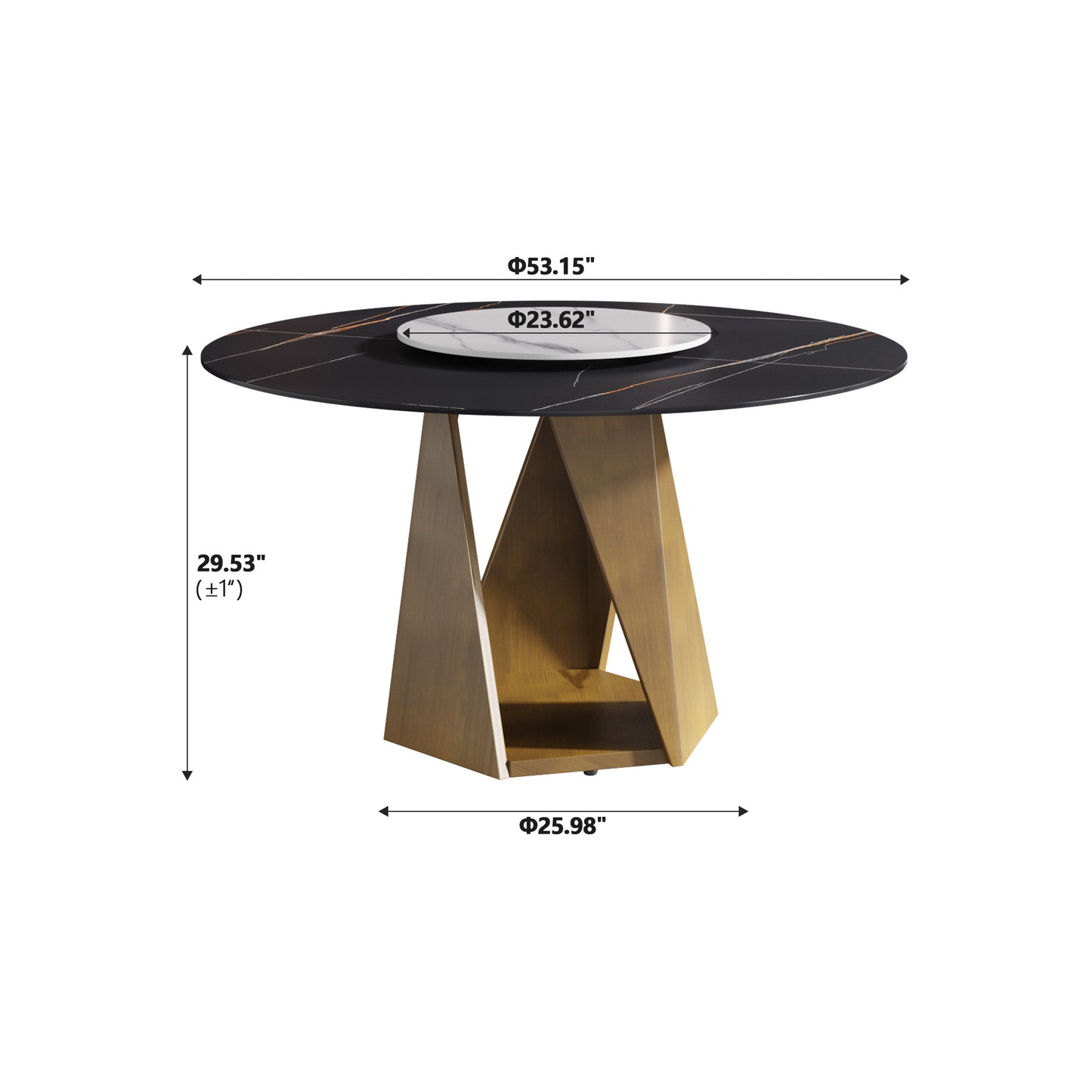 Round black marble dining table with gold veining and a geometric gold base