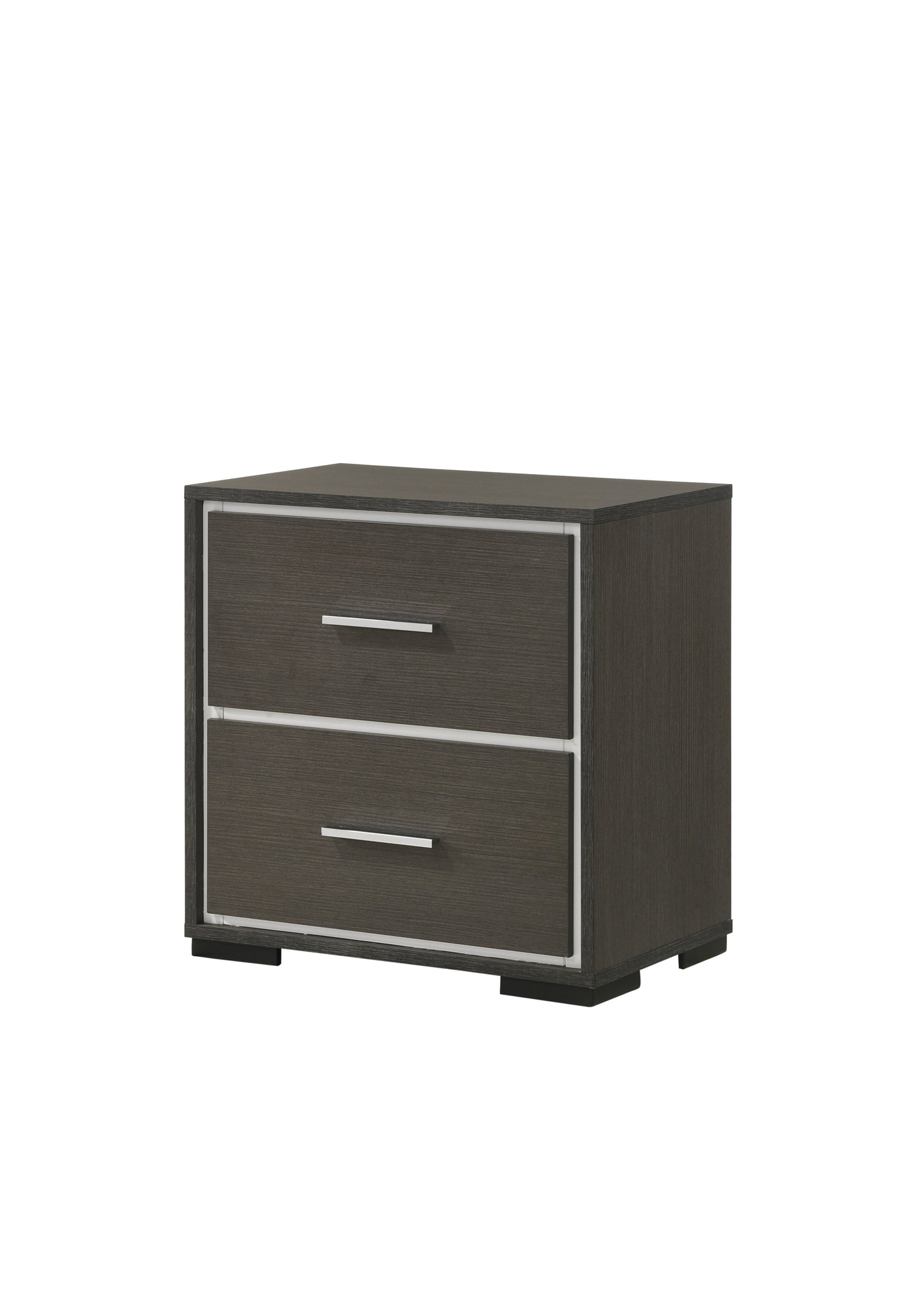 Dark wood grain twodrawer nightstand with silver hardware and white trim