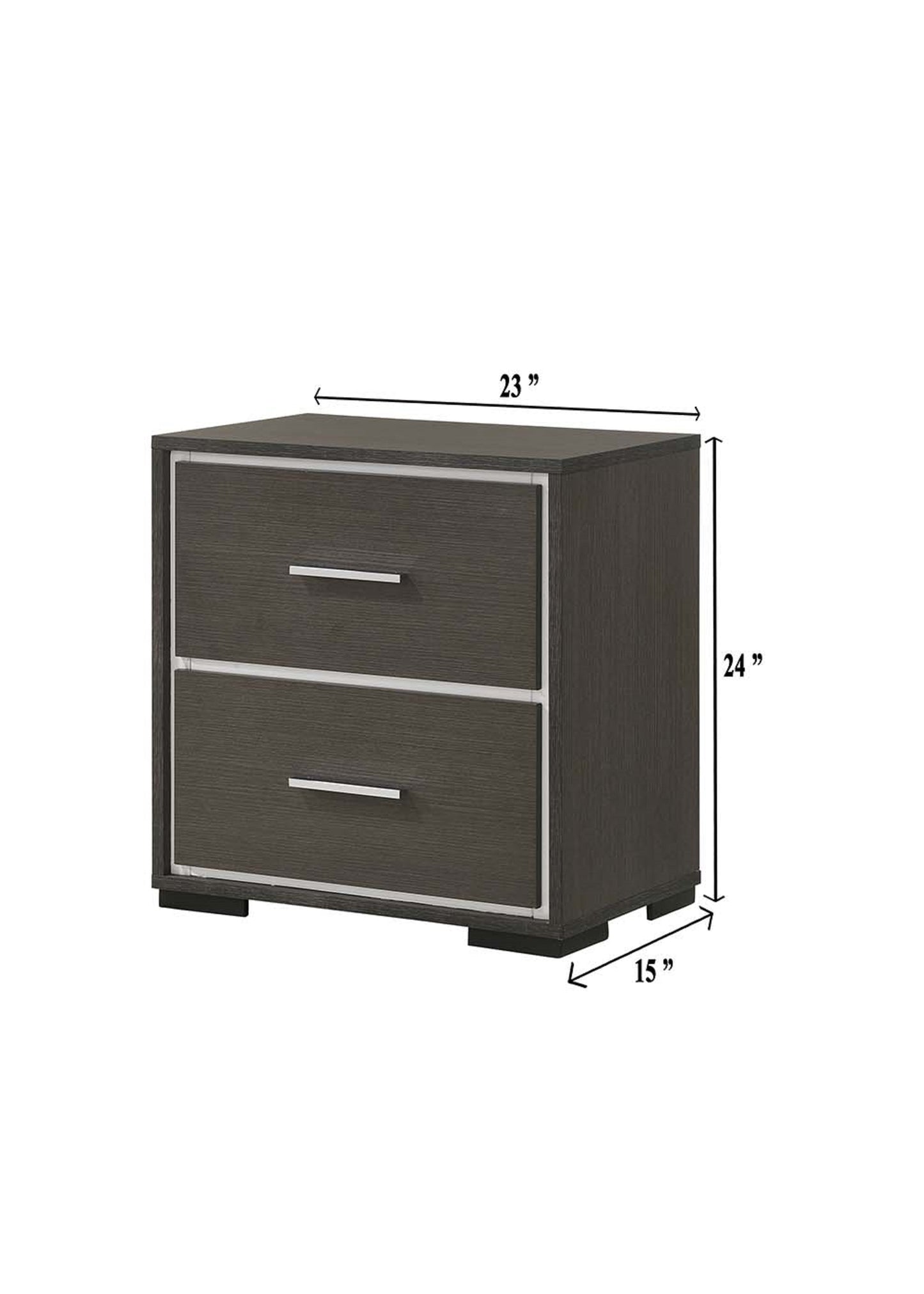 Dark oak drawer nightstand with silver handles and modern frame