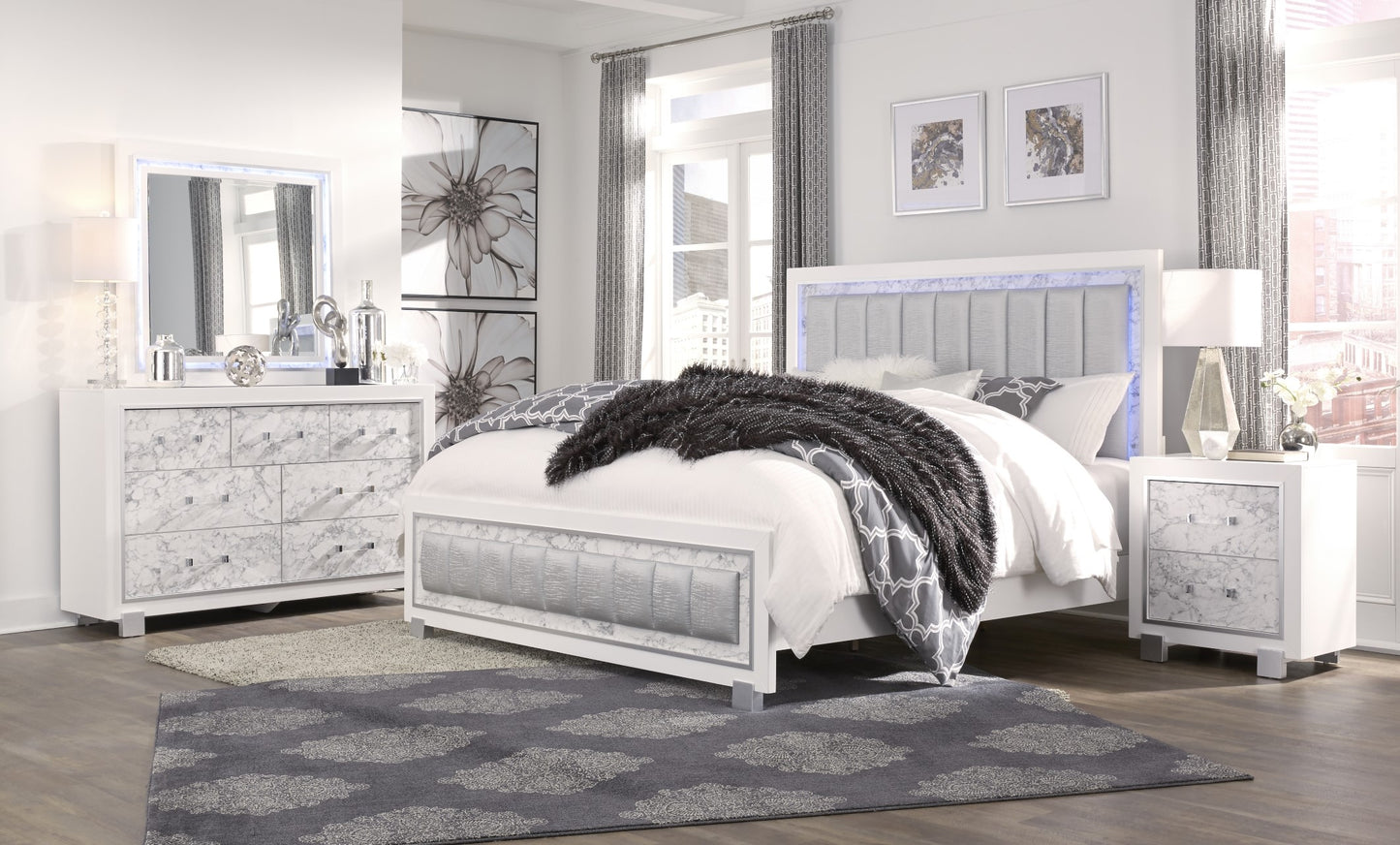 Modern white bed frame with LED headboard and marble accents